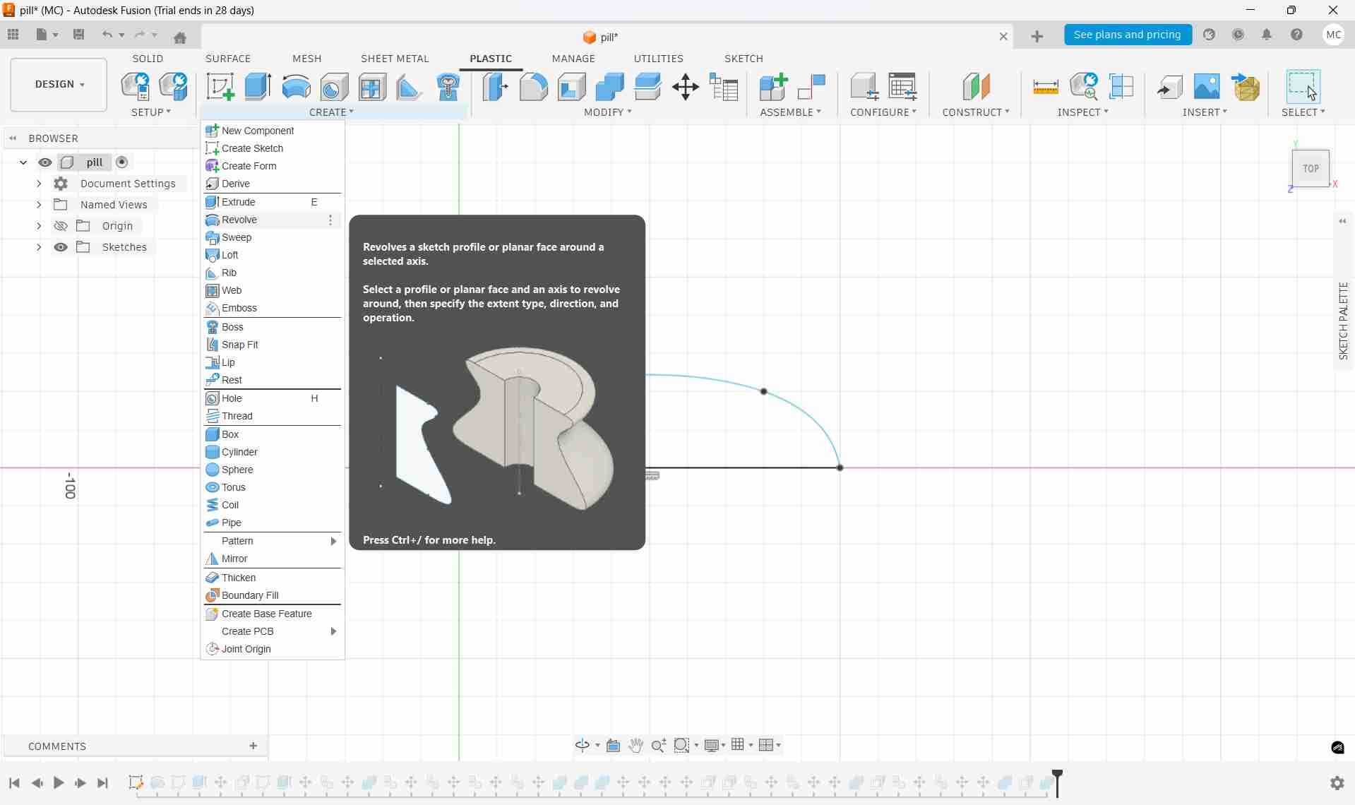 Revolving the 2d sketch to create the 3d model in Fusion